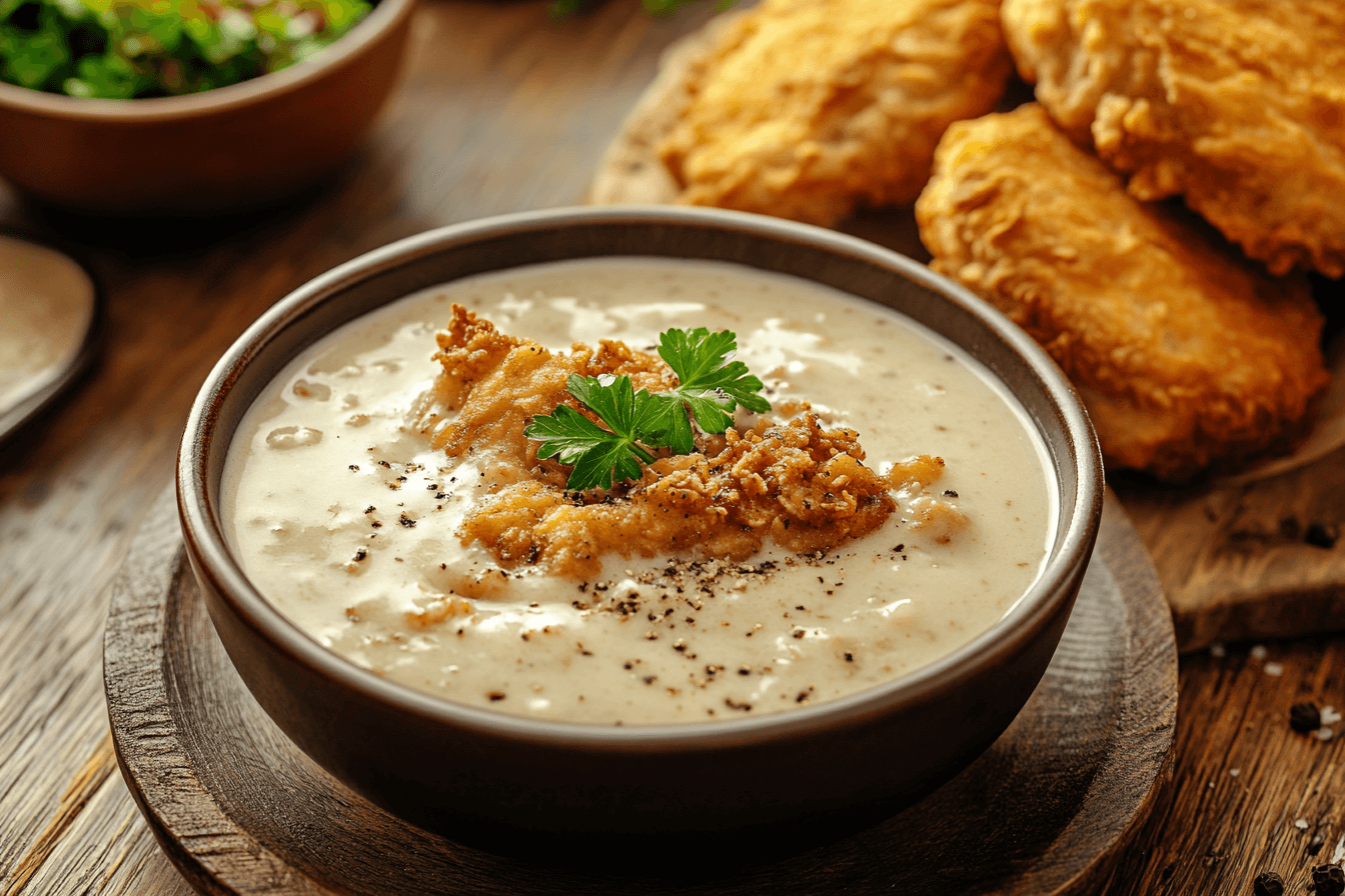 Southern breakfast table with white gravy and biscuits