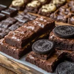 A tray of slutty brownies with cookie dough, Oreos, and brownies.