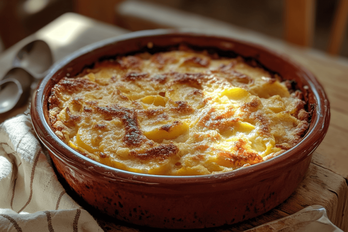 Freshly baked peach crumble with crispy topping.