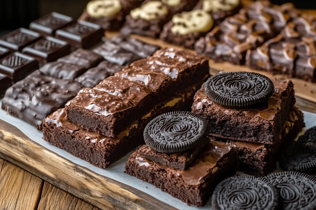 A tray of slutty brownies with cookie dough, Oreos, and brownies.