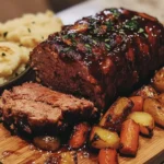 Smoked meatloaf topped with BBQ glaze served with sides