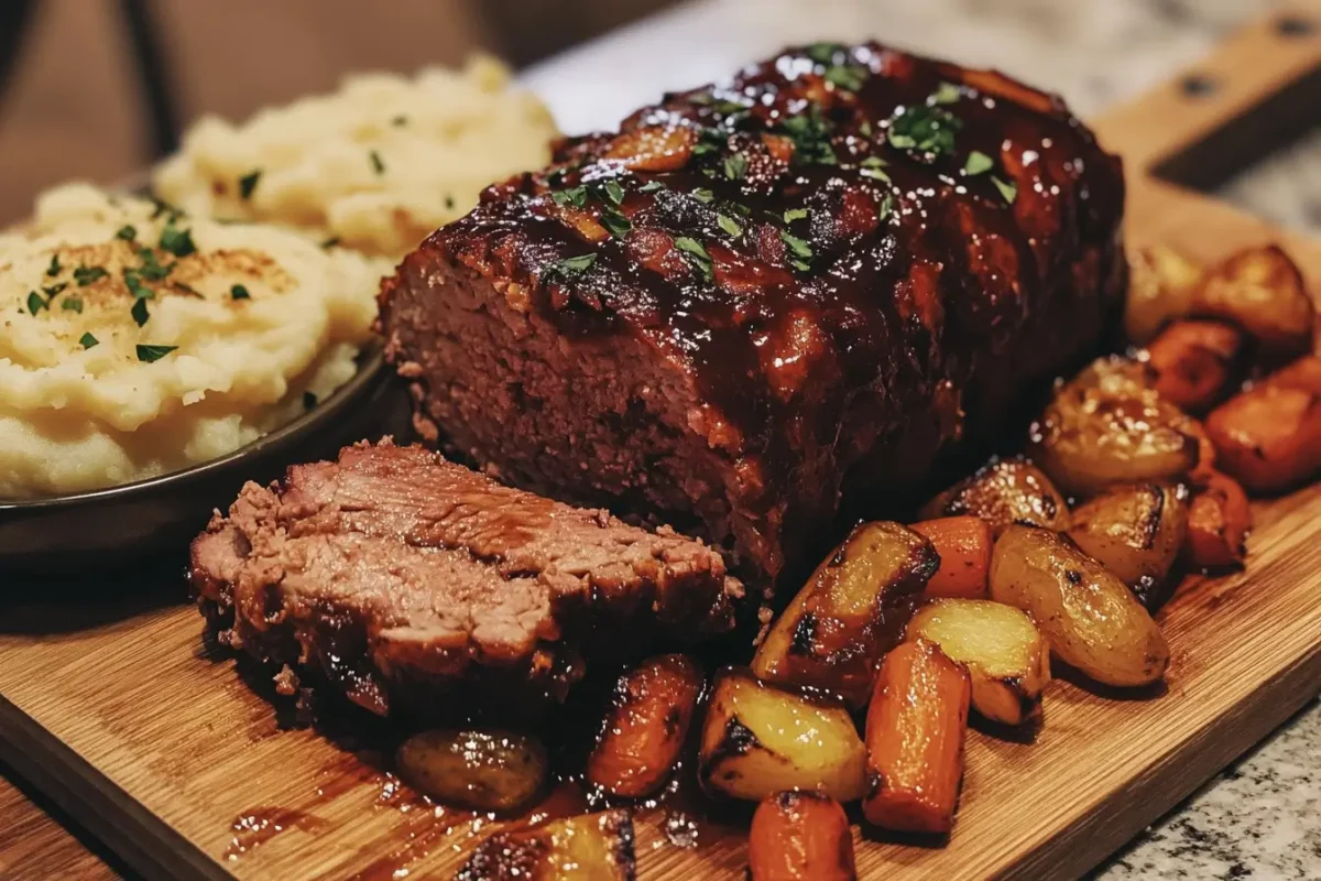 Smoked meatloaf topped with BBQ glaze served with sides