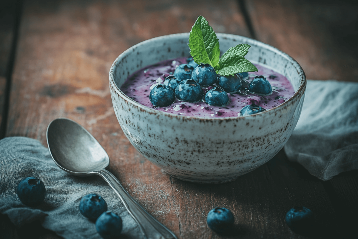 Freshly made blueberry compote in a rustic bowl with a spoon.