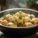 Bowl of Bisquick dumplings in chicken stew on a rustic table.