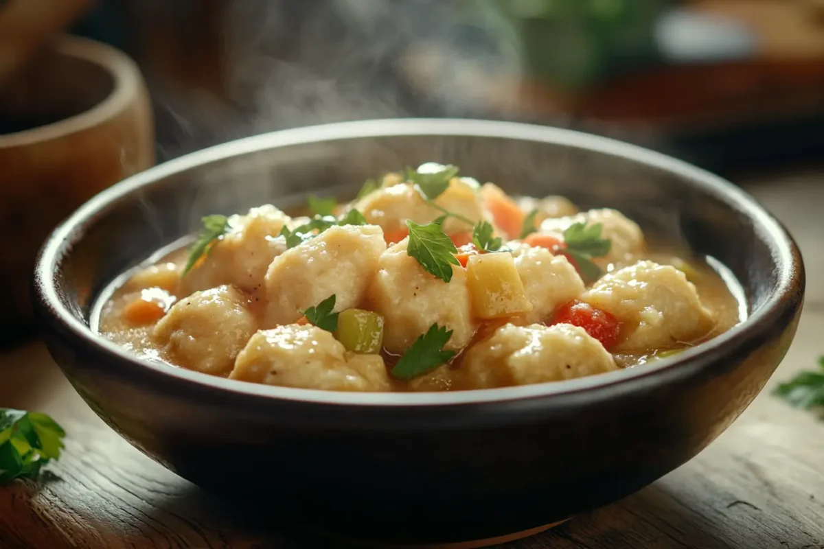 Bowl of Bisquick dumplings in chicken stew on a rustic table.