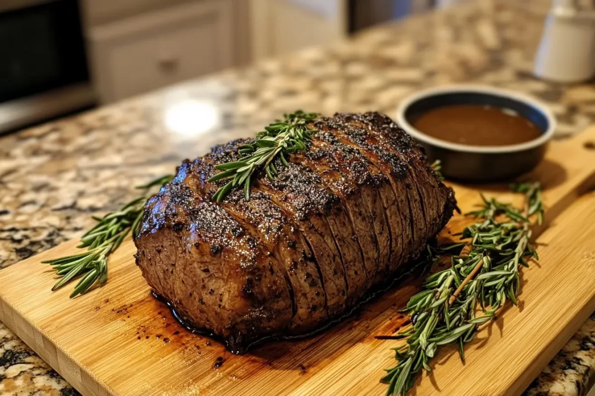 Perfectly cooked bottom round roast with herbs.