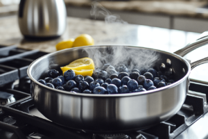 Cooking blueberry compote in a saucepan with sugar and lemon zest.