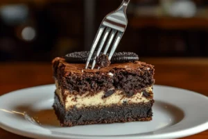 A close-up of a slutty brownie slice highlighting its gooey layers.