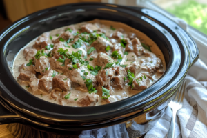 Keto beef stroganoff in a crockpot with fresh herbs.