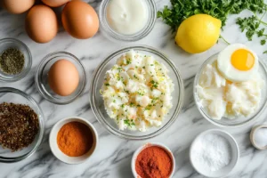 Fresh crab meat and other core ingredients for crab brulee.