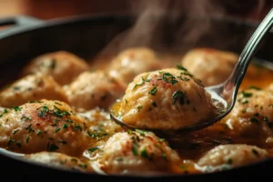 Ladle scooping Bisquick dumplings from a pot of golden stew.