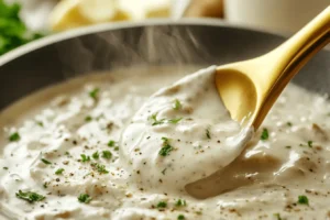 Whisking white gravy in a skillet.