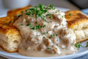 Sausage white gravy on buttermilk biscuits