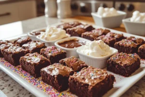 Bite-sized slutty brownies on a serving platter with sprinkles.