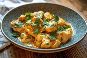 Plate of Bisquick dumplings with Indian curry sauce.