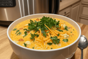 Keto cauliflower soup served in a bowl with cheese topping.