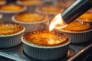 Caramelizing the sugar on a crab brulee with a kitchen torch.