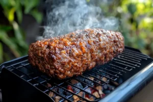 Smoked meatloaf cooking inside a backyard smoker