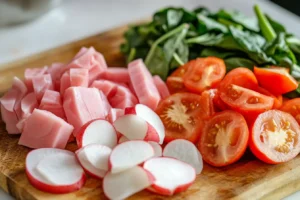 Freshly chopped ingredients for sinigang on a cutting board.