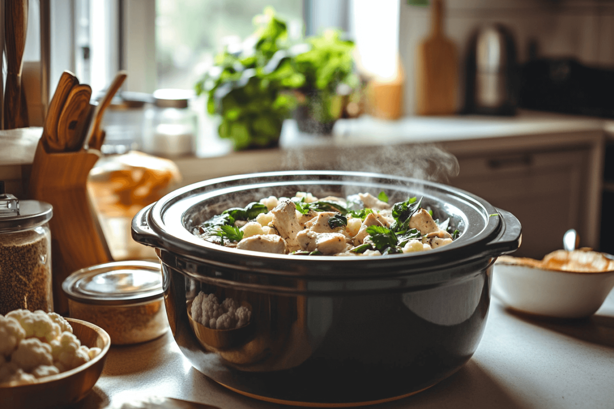 Rustic kitchen with a crockpot and fresh keto ingredients.