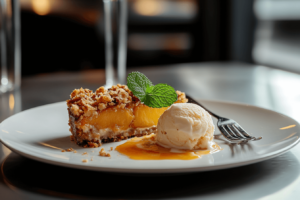 A serving of peach crumble with ice cream.