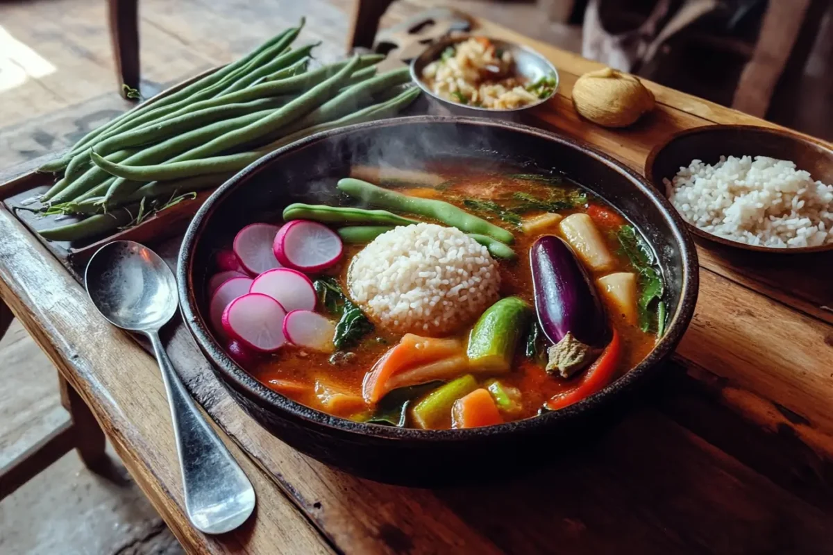 Steaming bowl of sinigang with fresh vegetables and tamarind.