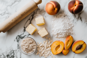 Peach crumble ingredients on a countertop.