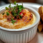 Crab brulee with caramelized top in a ramekin, garnished with microgreens.