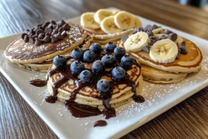 Different variations of Bisquick pancakes on a plate.