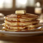 Fluffy Bisquick pancakes with butter and syrup