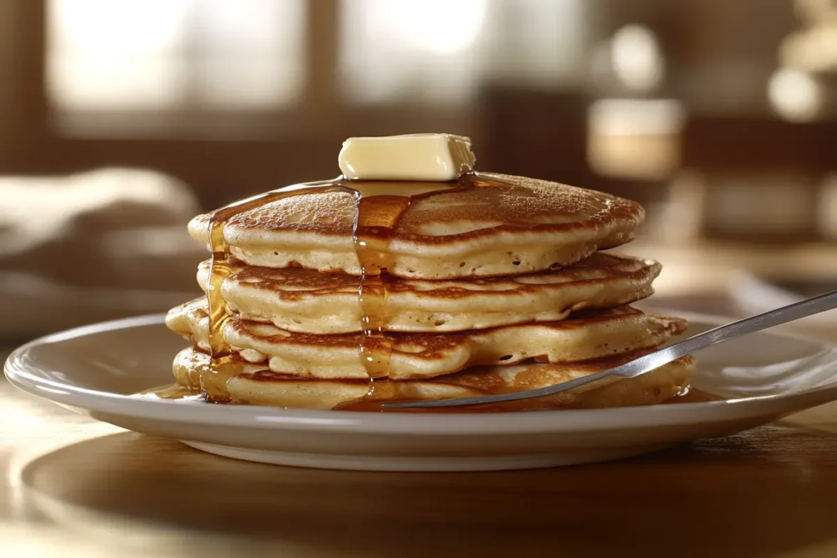 Fluffy Bisquick pancakes with butter and syrup