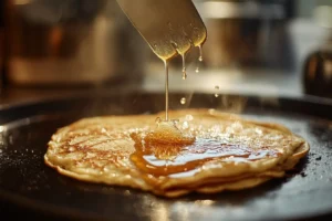 Bisquick pancake batter cooking on a griddle.